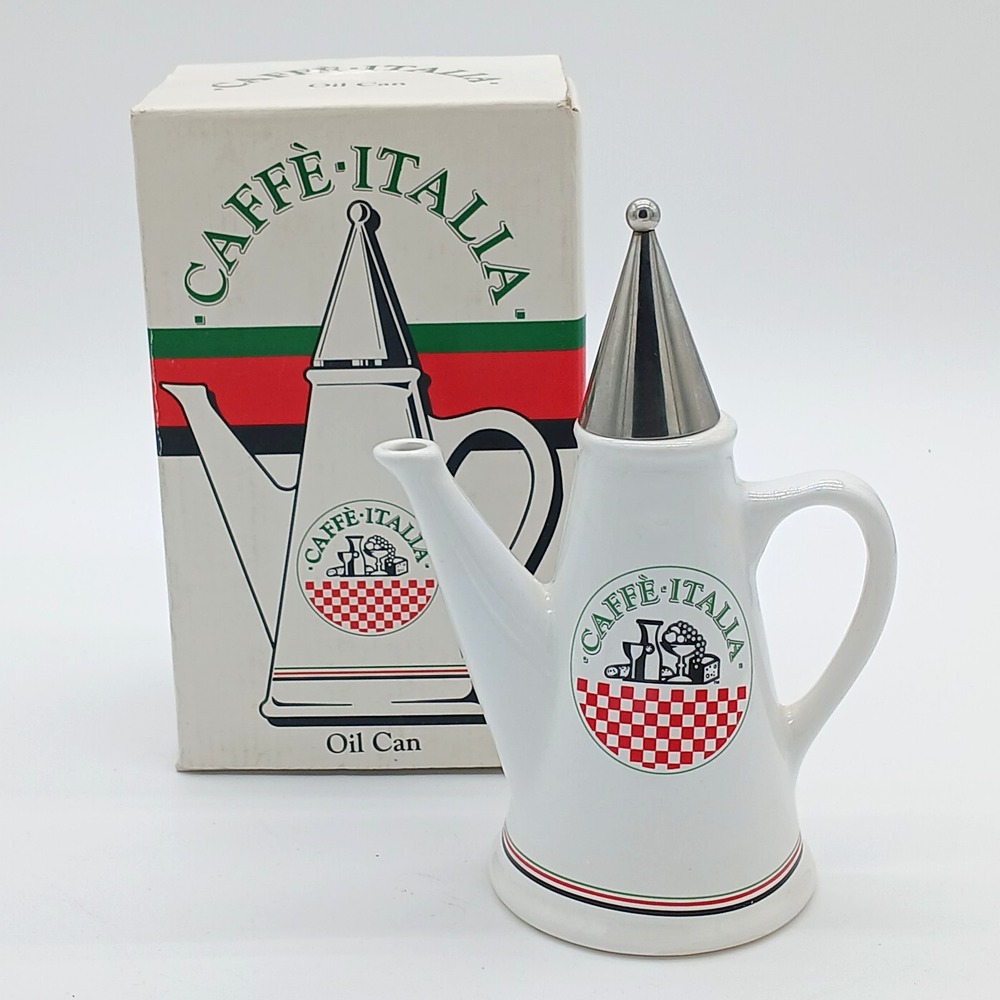 Vintage 1980's White Porcelain Caffe' Italia Oil Can Bottle Pitcher HiMark